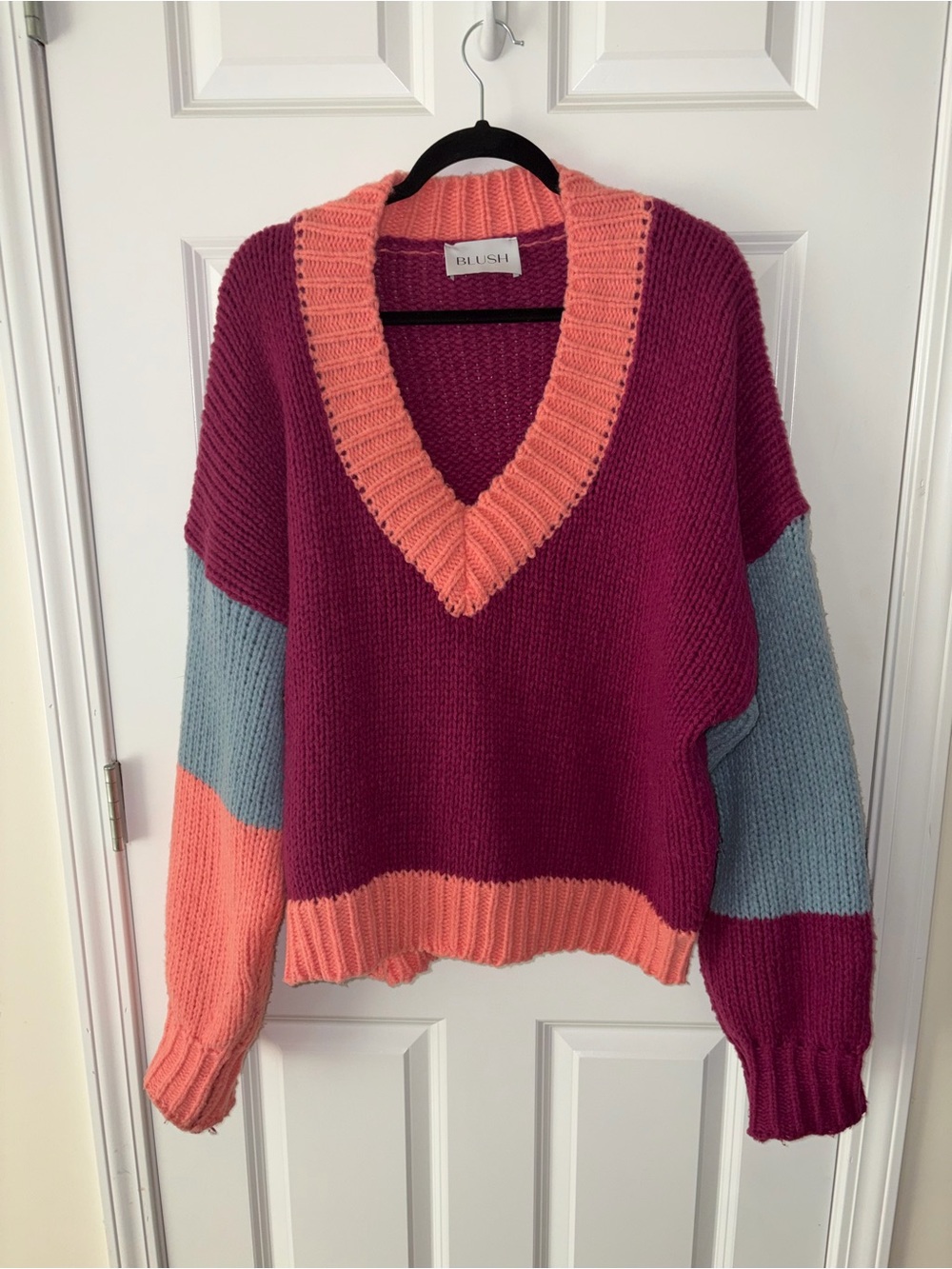 Blush Women's Chunky Colorblock V-Neck Sweater - Berry, Peach & Teal